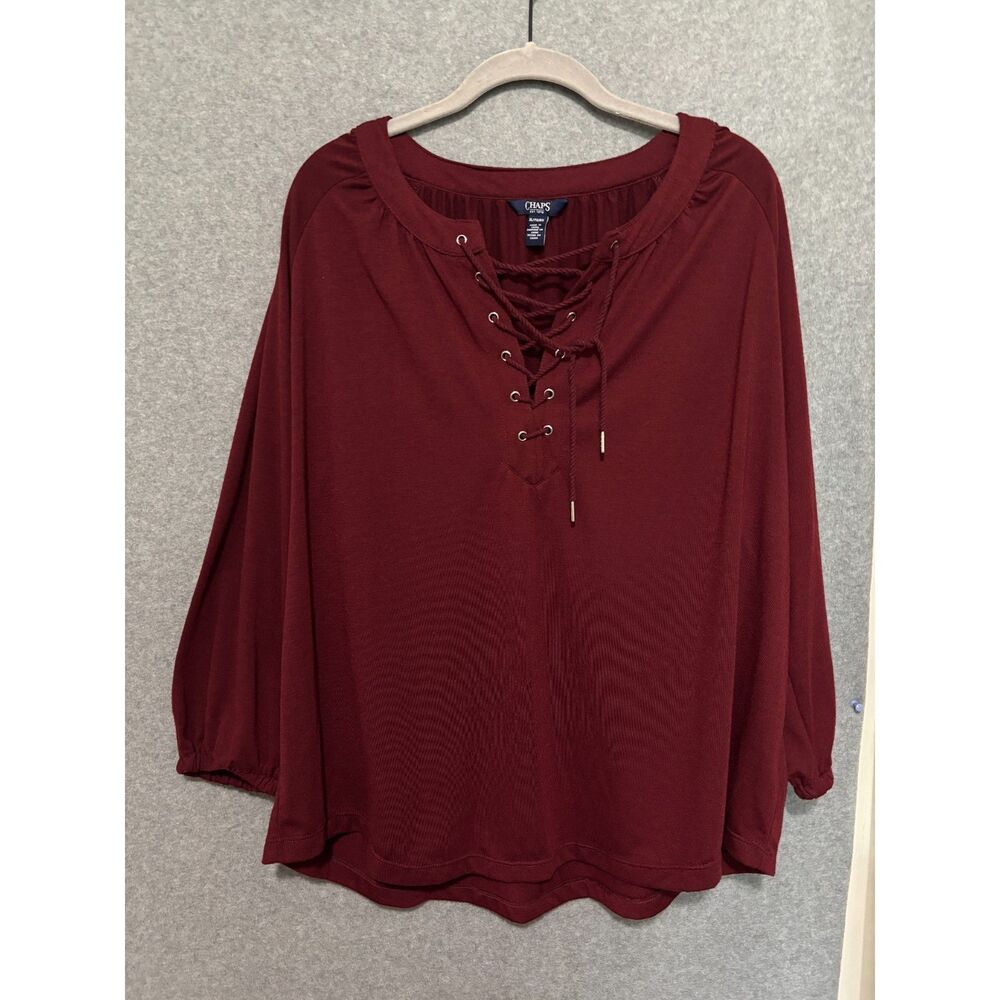 Chaps‎ Burgundy Lace Up Blouse XL Boho Romantic Peasant Top Flowy Western Soft